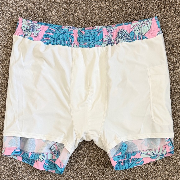 Tropical Leaf Print Swim Trunks/Shorts Pink/Blue Lined 5” Inseam Zipper Pockets - Picture 6 of 6
